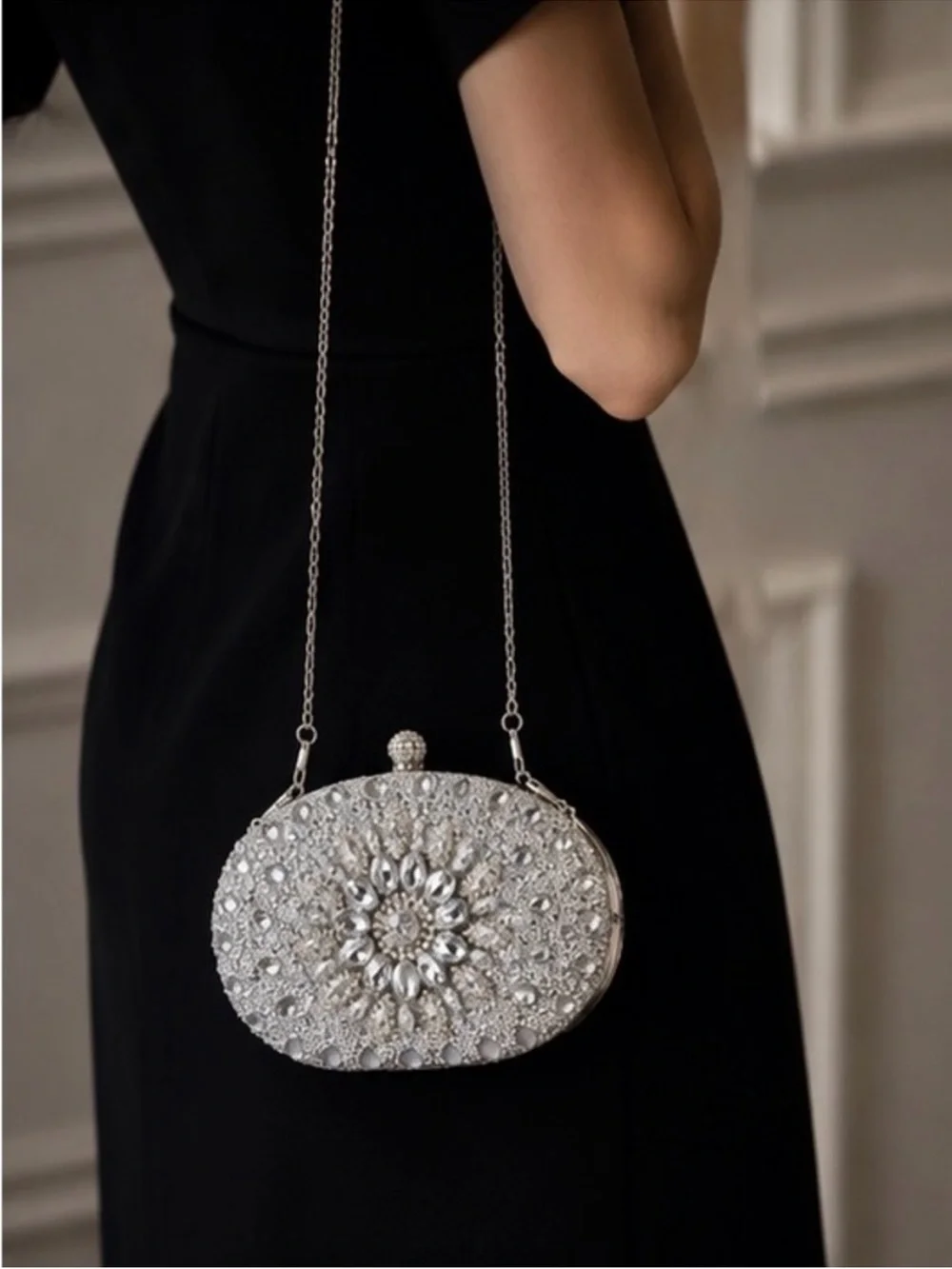 Luxe Silver Crystal Floral Oval Evening Clutch
